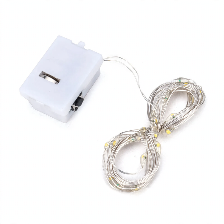 Compact LED string lights with battery operation