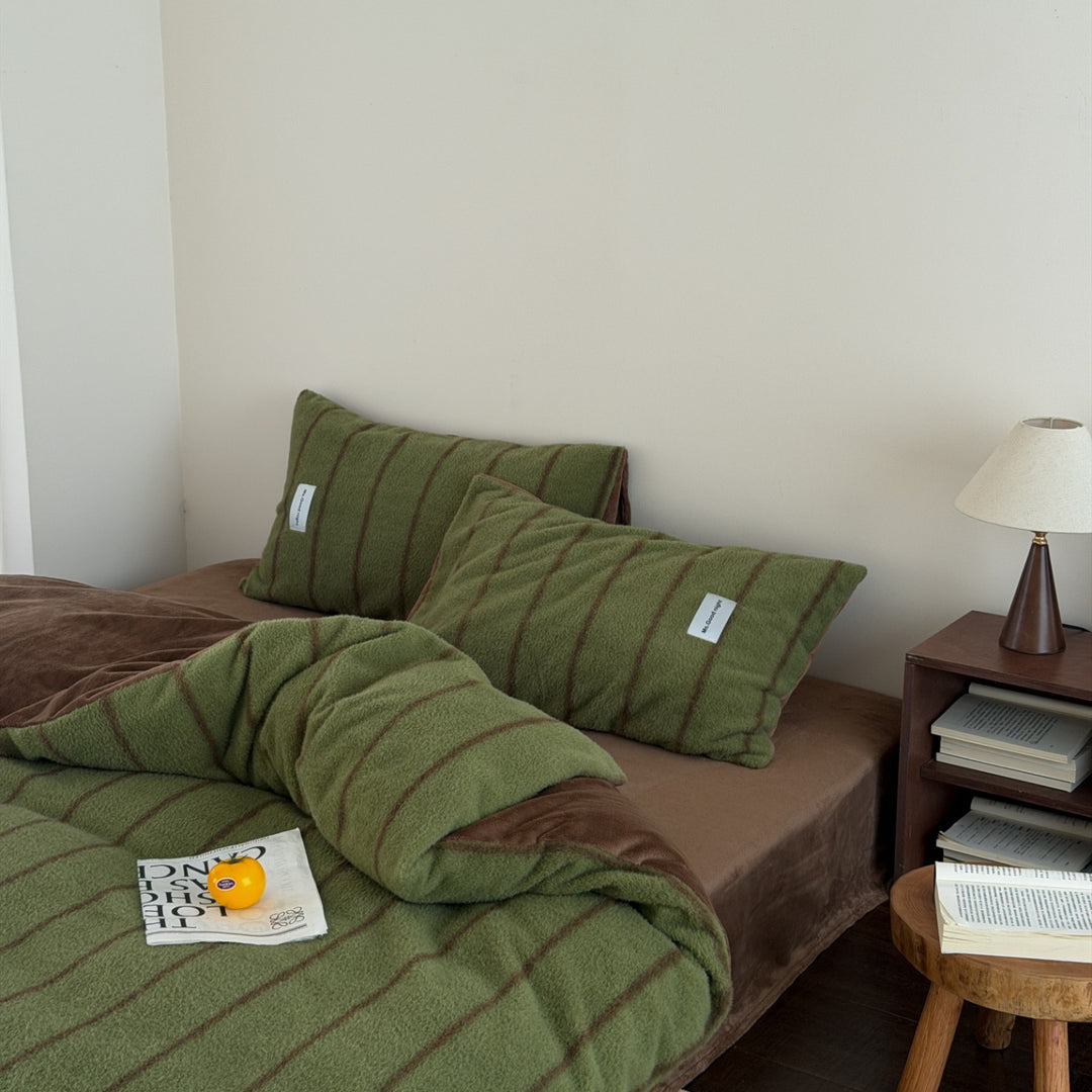 Milk fiber fleece bedding set, striped, thickened