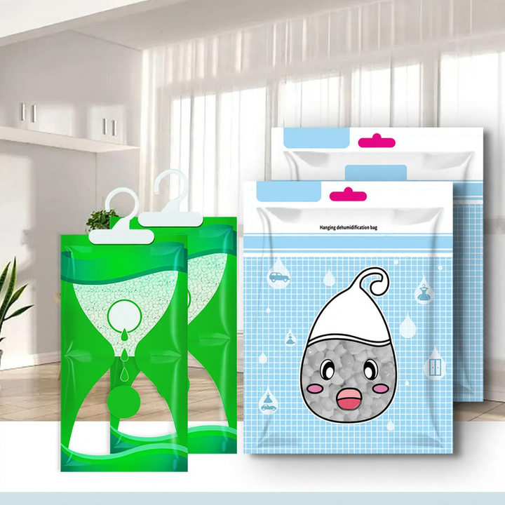 Hanging dehumidifying bag against moisture