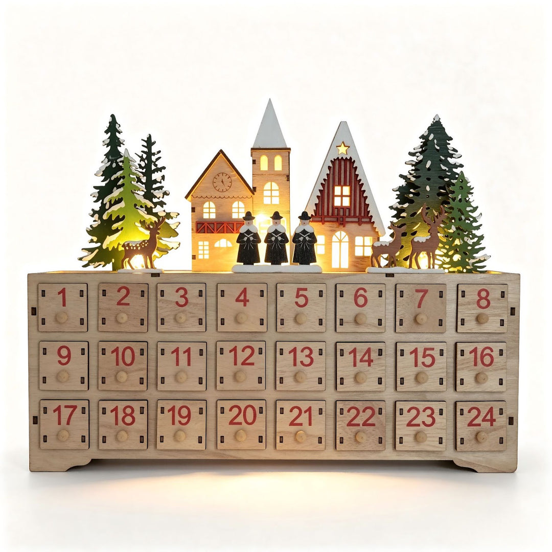 Wooden Advent Calendar, Village Design, 24 Compartments