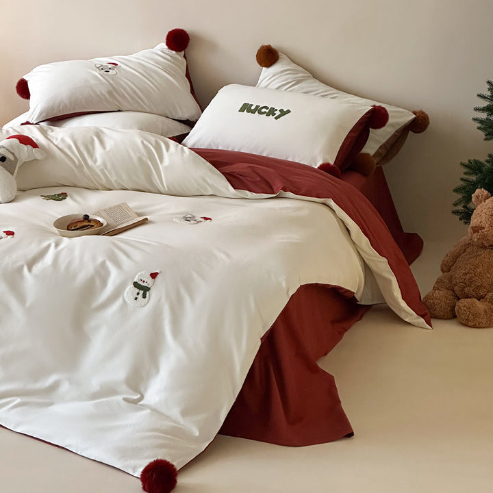 Cotton bedding set, cartoon design, with pom-poms
