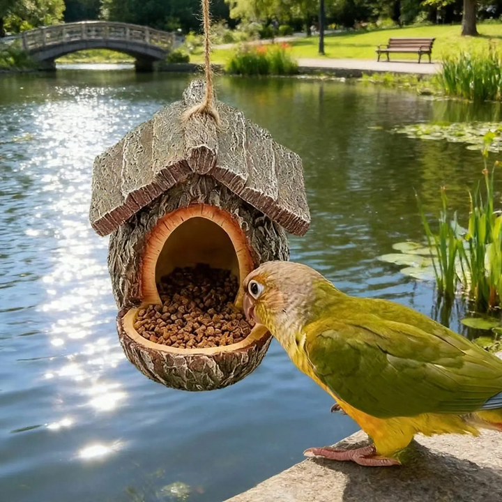 Decorative birdhouse in stump tree look made of resin