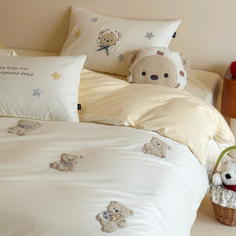 Cotton bed linen set, 4-piece, cartoon embroidery