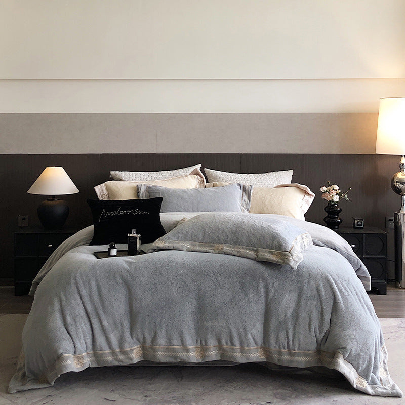 Luxurious winter bedding set, fur appearance, embroidered
