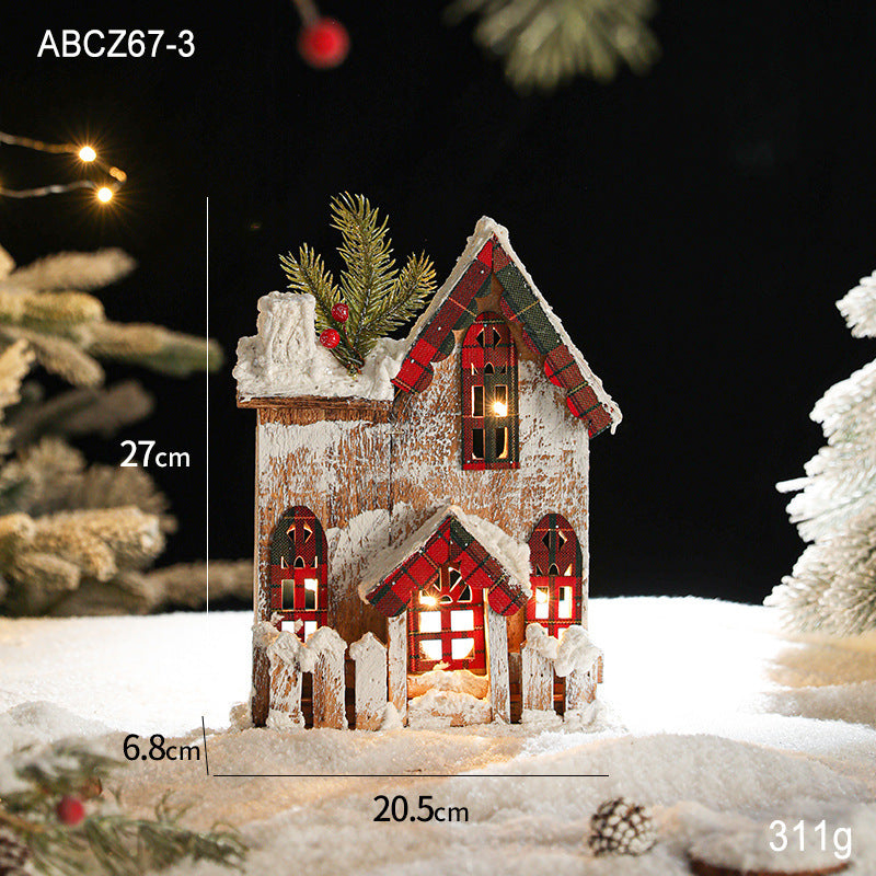 Illuminated wooden Christmas house in European retro style