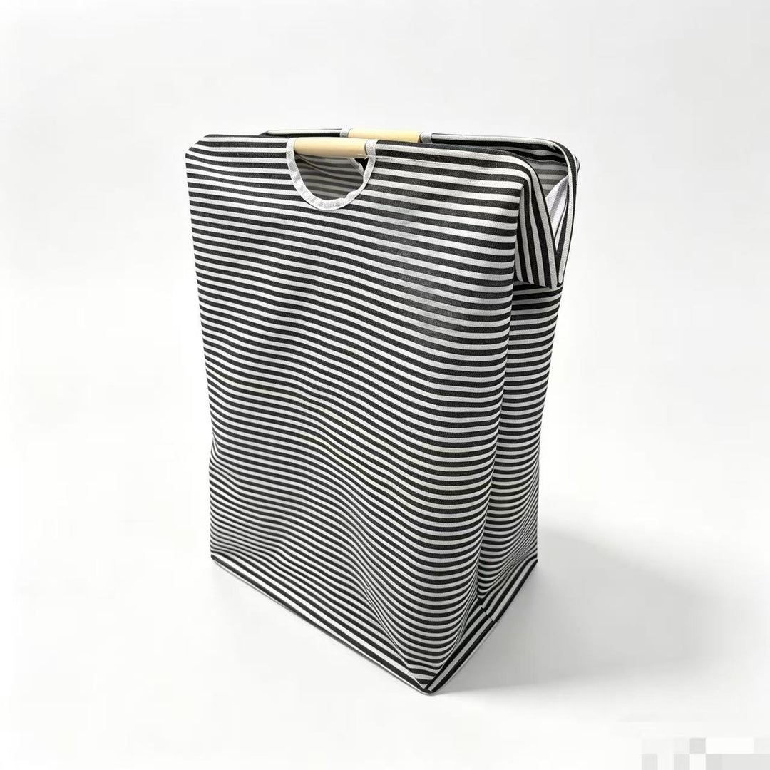 Collapsible laundry basket, cotton-linen, with wooden handles