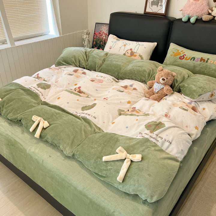 Milk fiber fleece bedding set with bow design