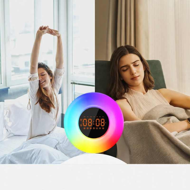 LED daylight alarm clock with FM radio and sunset mode
