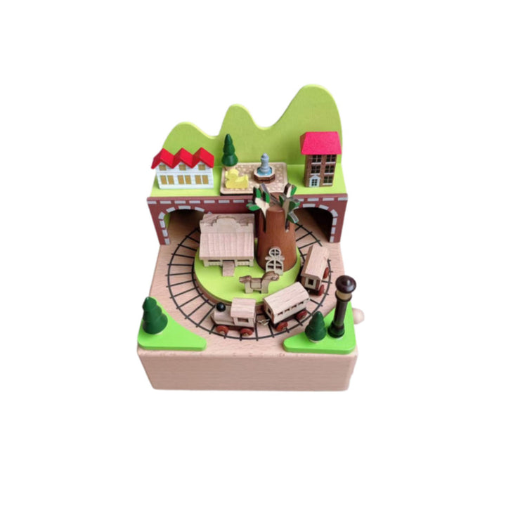 Manual music box made of beech wood with forest train motif