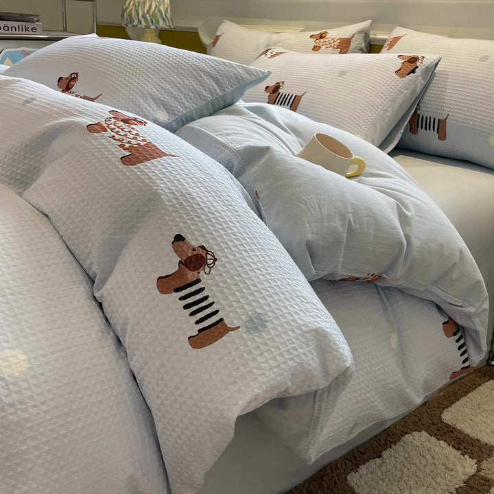 Cotton bedding set, waffle pique look, printed