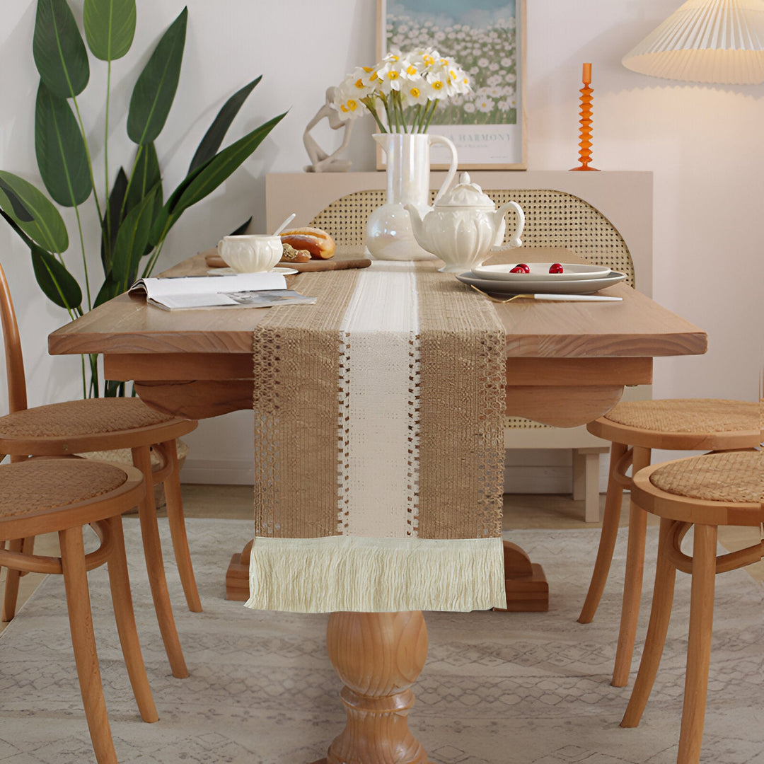 Boho Macrame Cotton Linen Table Runner with Tassels | Stornfield