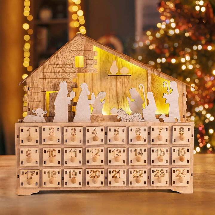 LED Advent Calendar Made of Wood, Nativity Scene