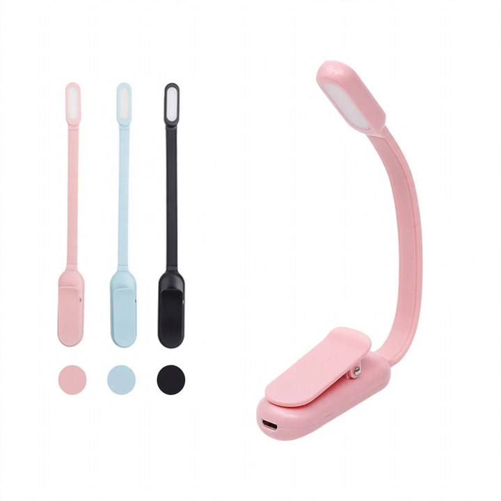 Mini LED clamp light with three brightness levels and USB charging