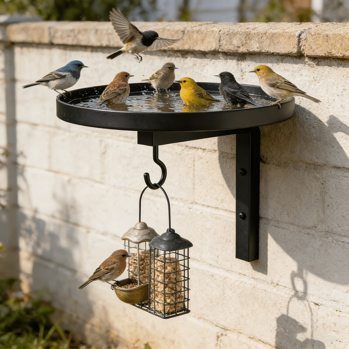 Wall-mounted birdbath made of metal