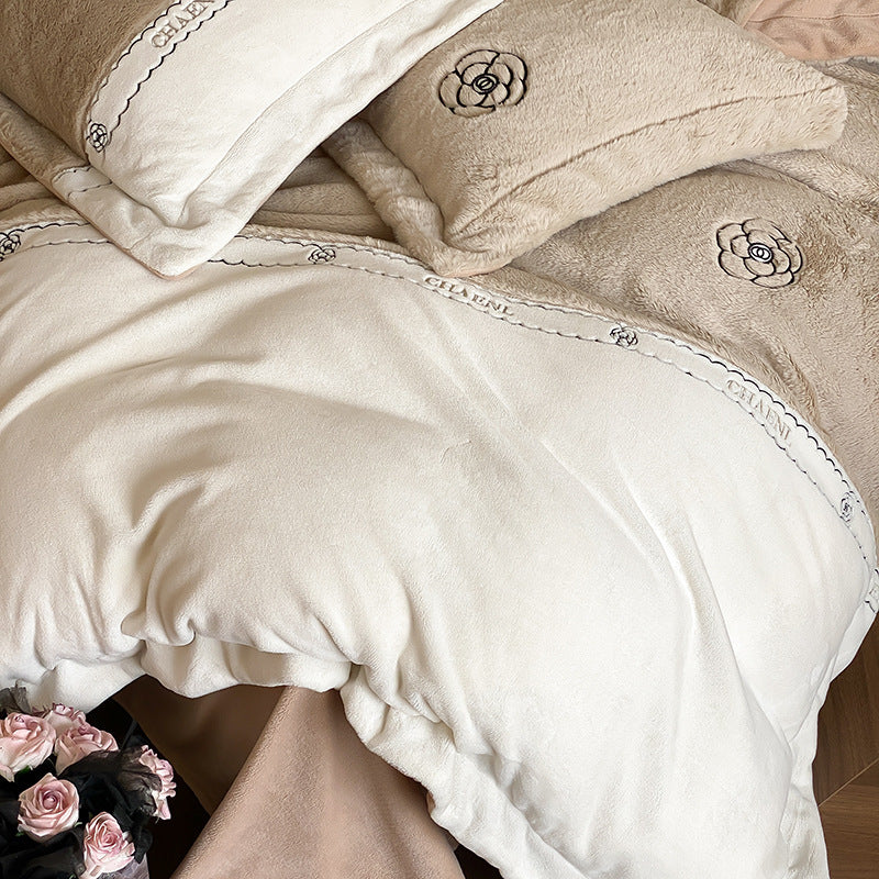 Milk fiber fleece bedding set, embroidered, winter warm