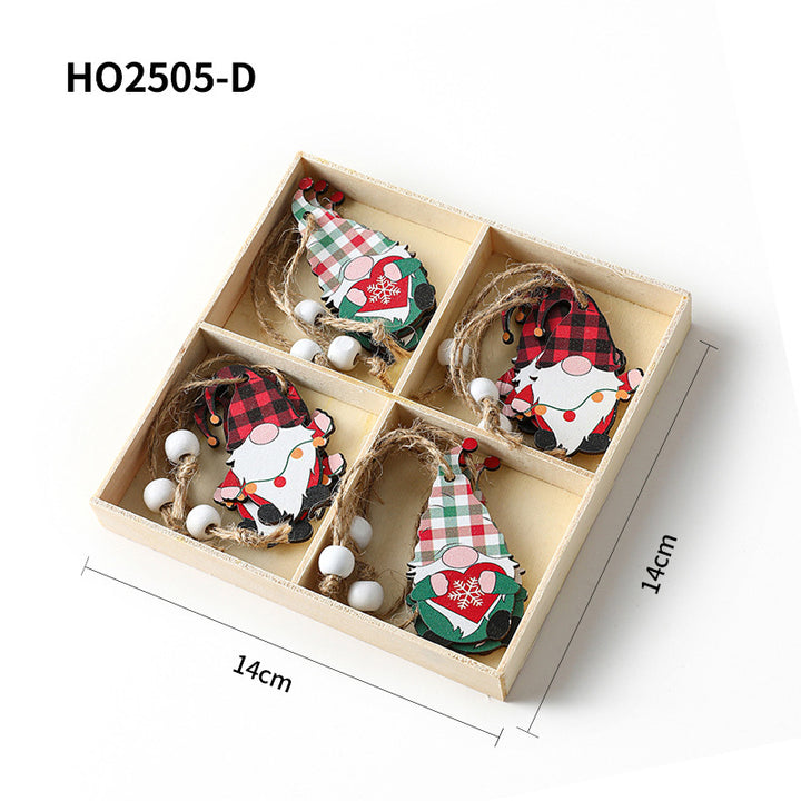 Christmas wooden pendant set, 4-piece box with gnome motifs
