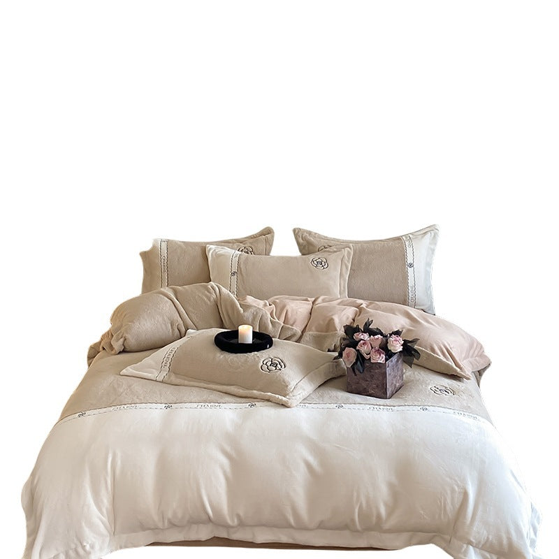 Milk fiber fleece bedding set, embroidered, winter warm