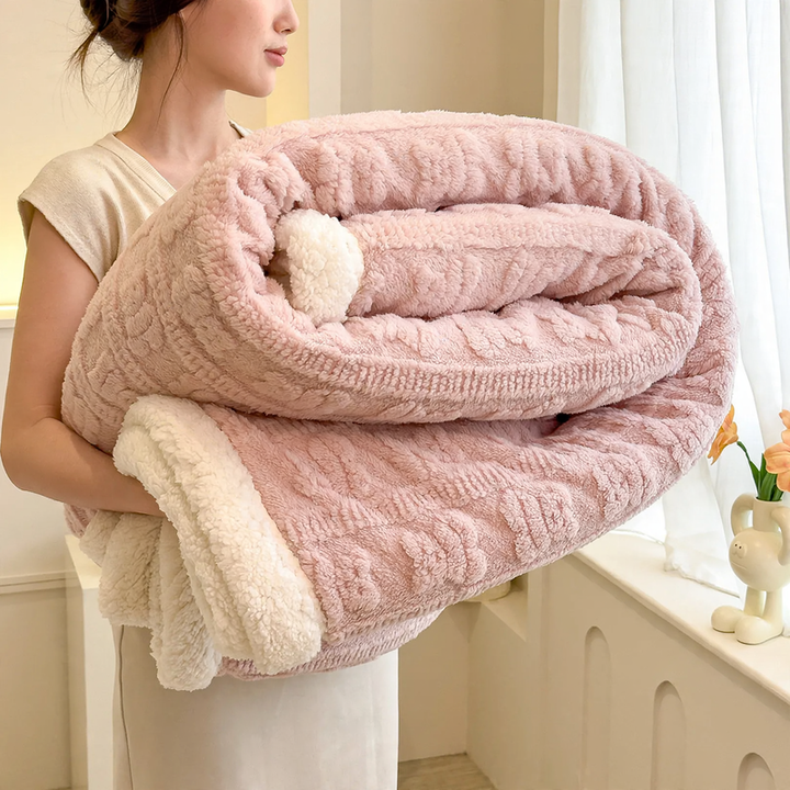 Jacquard sofa blanket with lamb fleece imitation, double-layered