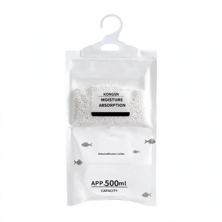 Hanging dehumidifying bag for wardrobes