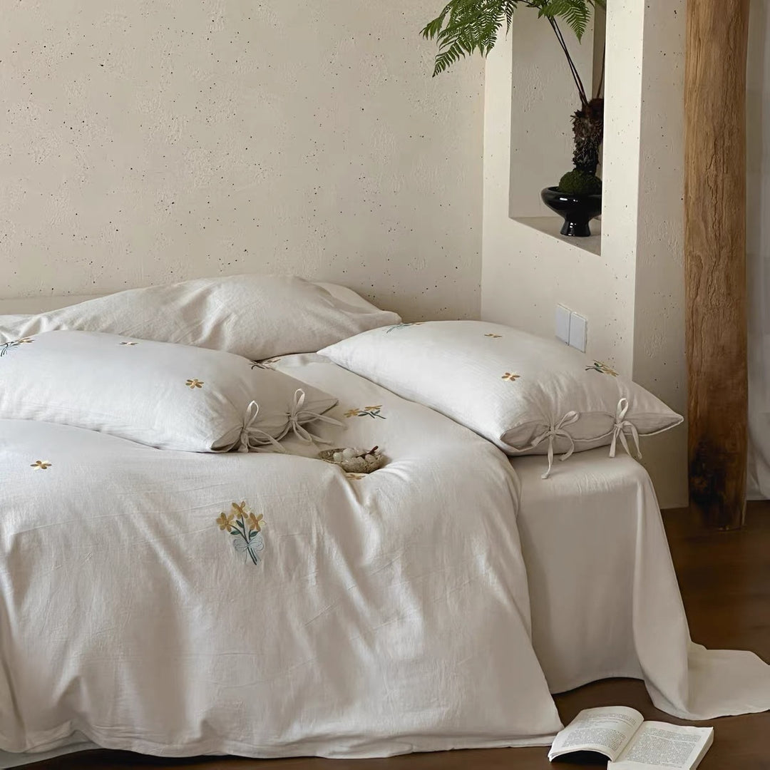Bedding set, linen-cotton mix, embroidered