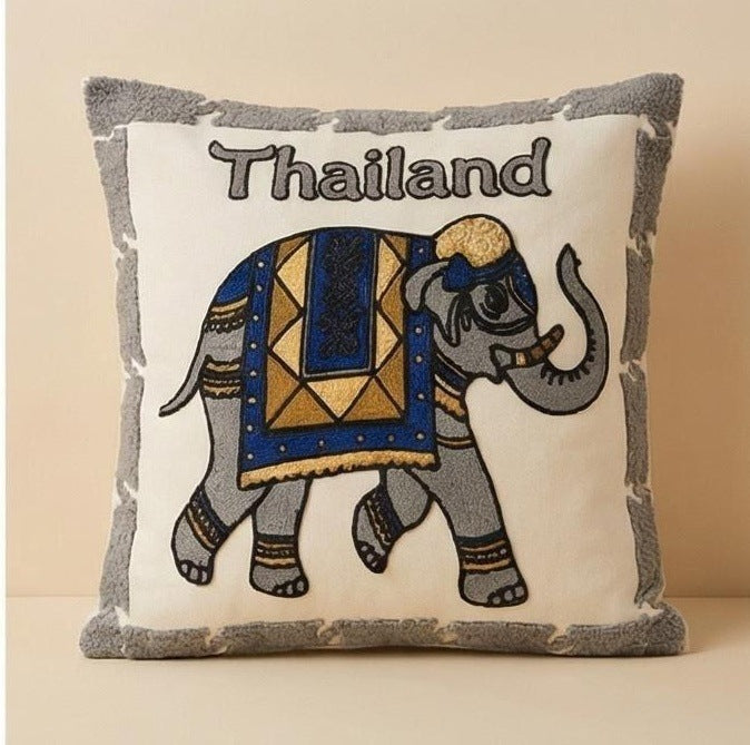 Embroidered cushion cover with elephant design, 45×45 cm