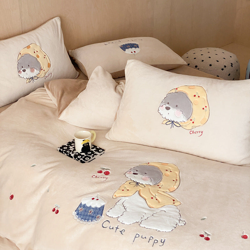 Milk fiber fleece bedding set, cartoon design, warm