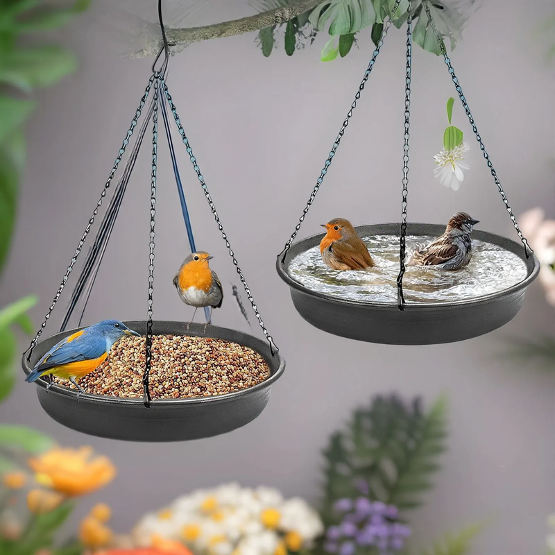 Hanging bird bath and feeding station