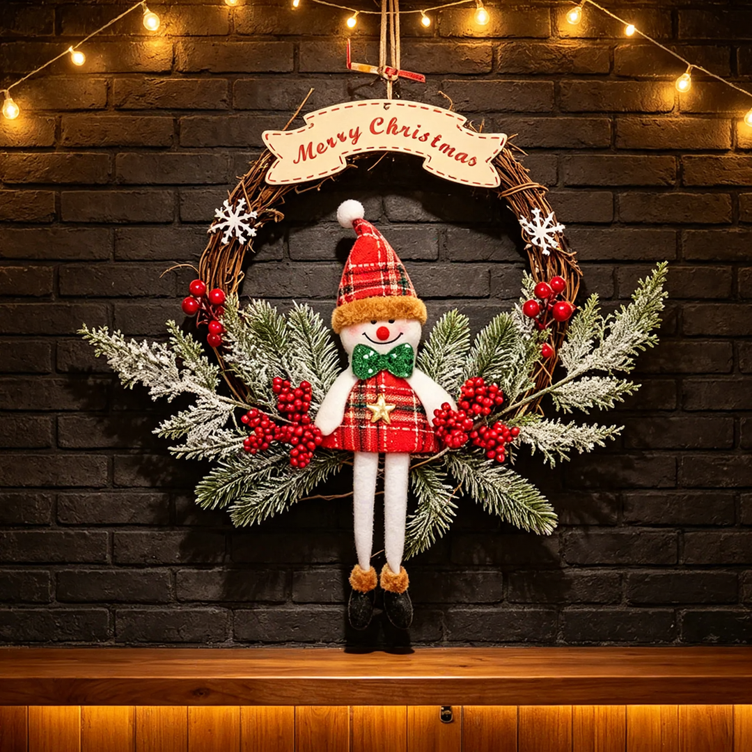 Handcrafted Christmas wreath made of rattan with pine cones