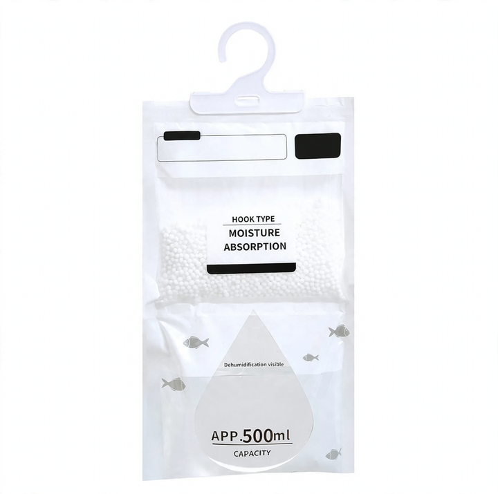 Hanging dehumidifying bag for the household