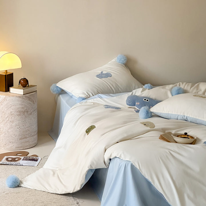 Cotton bedding set, cartoon design, with pom-poms