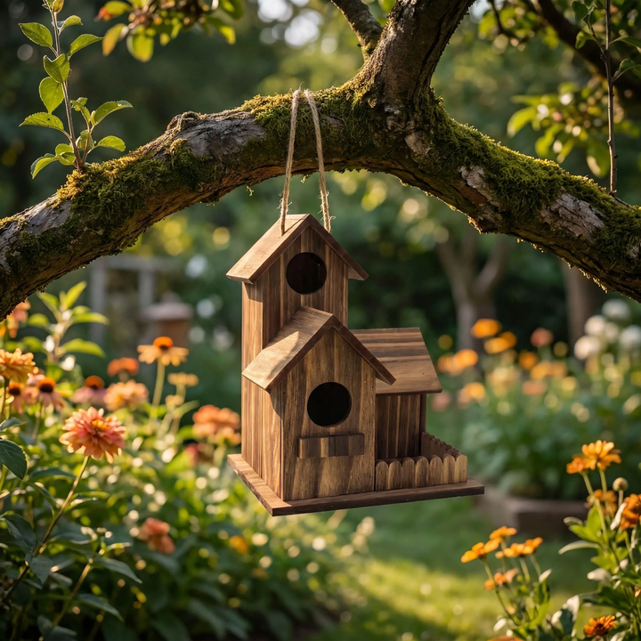 Two-story birdhouse made of carbonized pine wood