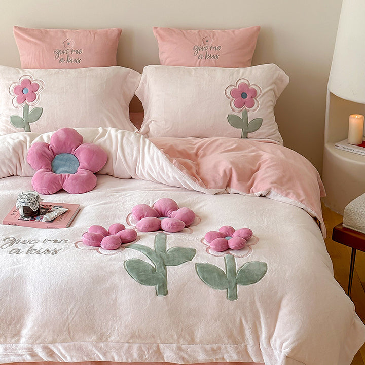 Milk fiber bedding set, 4-piece, 3D floral pattern