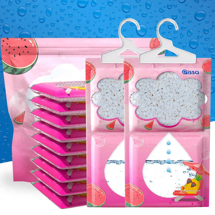 Hanging dehumidifying bags for wardrobes