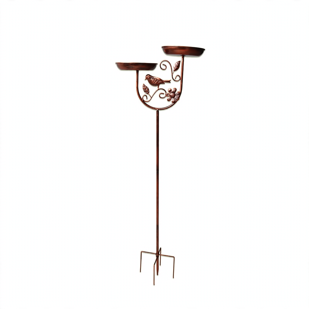 Double bird feeding station and bird bath made of metal