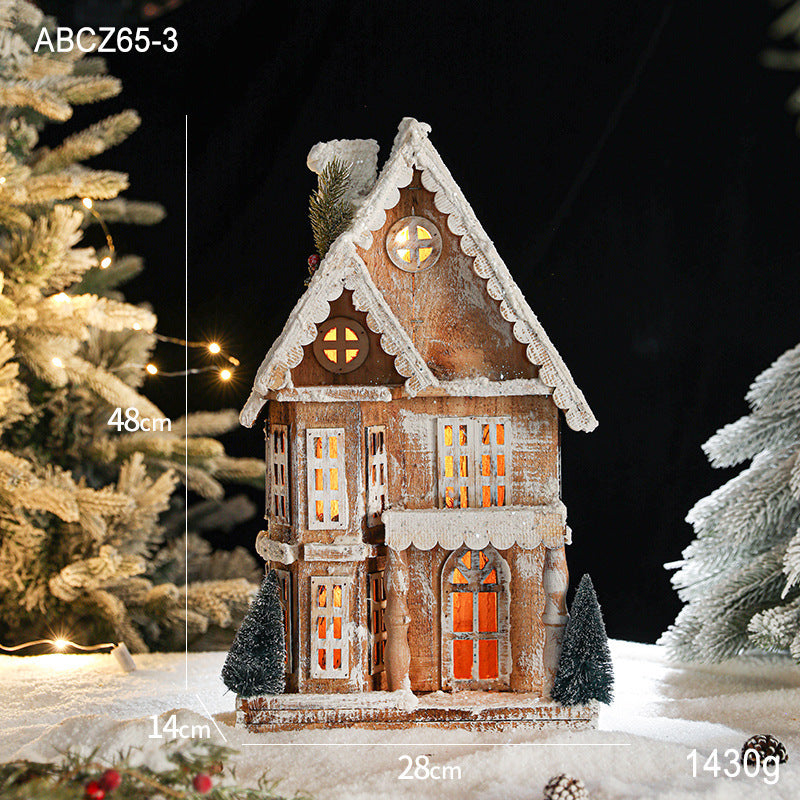 Illuminated wooden Christmas house in European retro style