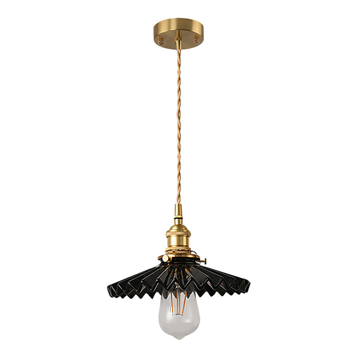 Vintage ceramic pendant lamp with pleated design – brass LED pendant light for dining room and living room | Stornfield
