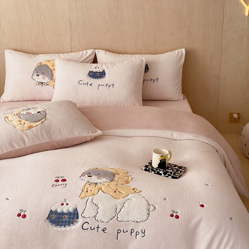 Milk fiber fleece bedding set, cartoon design, warm