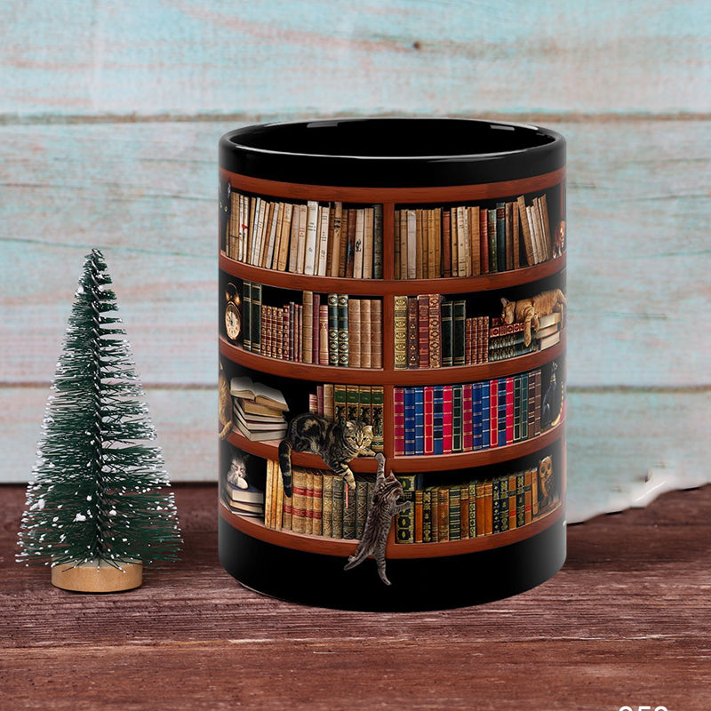 Stornfield | Bookshelf Ceramic Mug - Gift for Book & Cat Lovers