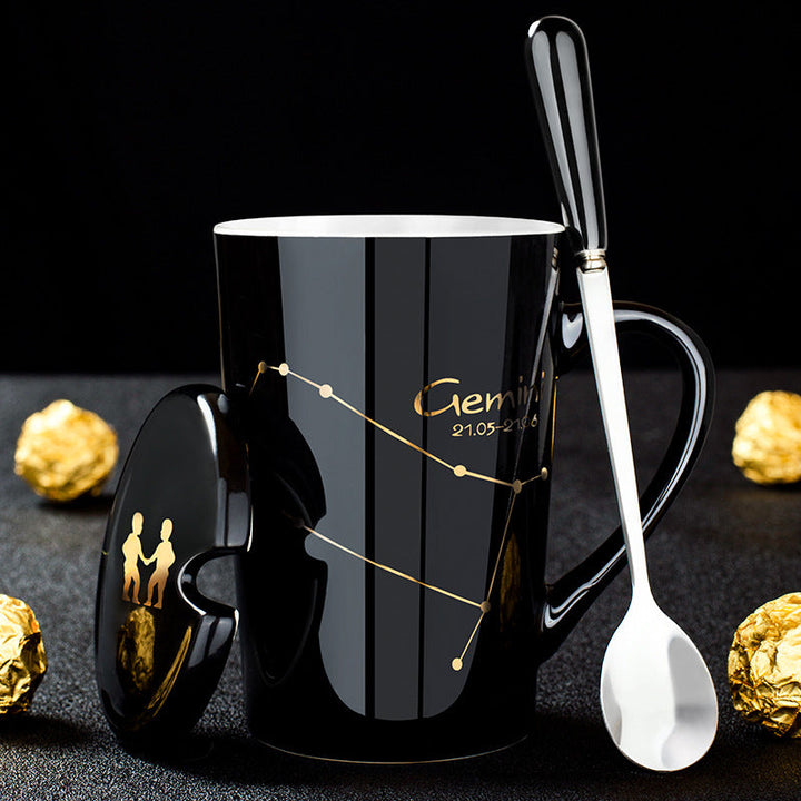 Stornfield | 12 Zodiac Signs Black Ceramic Mug with Lid and Spoon