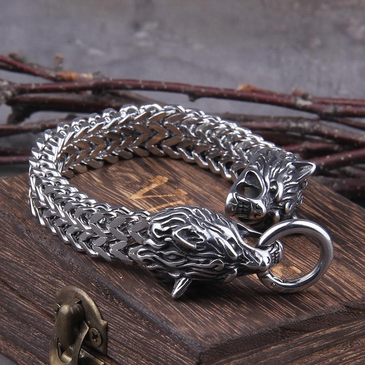 Stornfield | Viking Double Wolf Head Fenrir Bracelet in Stainless Steel