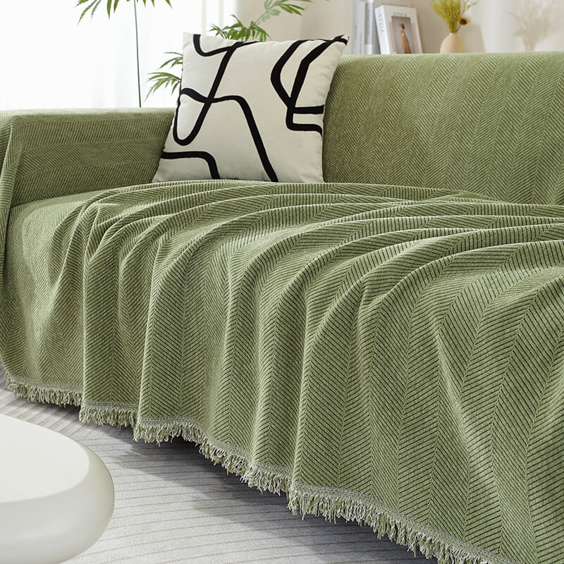 Stornfield | Herringbone Chenille Sofa Throw with Fringes