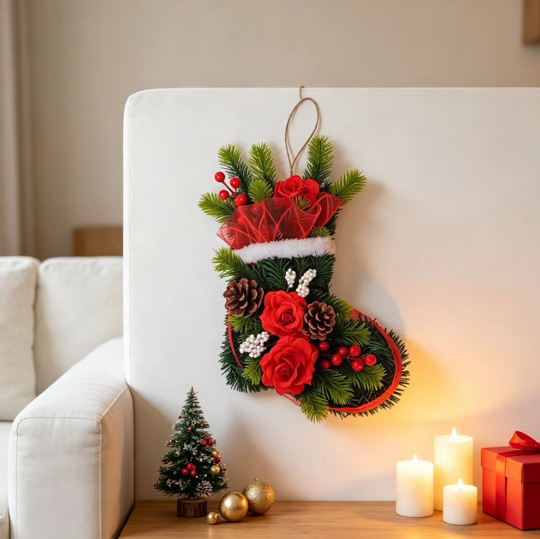 Christmas door wreath in boot shape