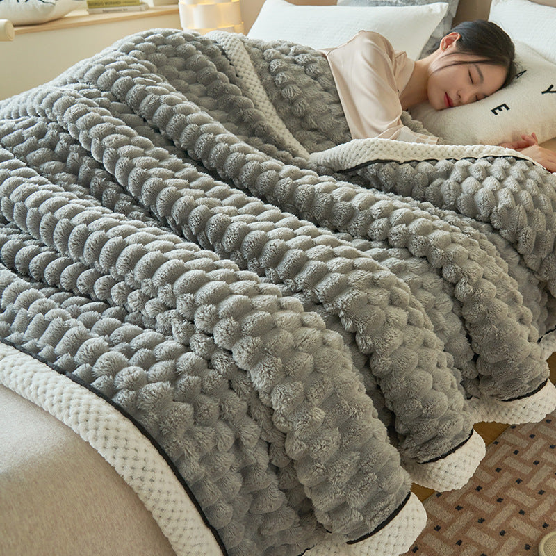 Soft coral fleece blanket with lamb fleece look