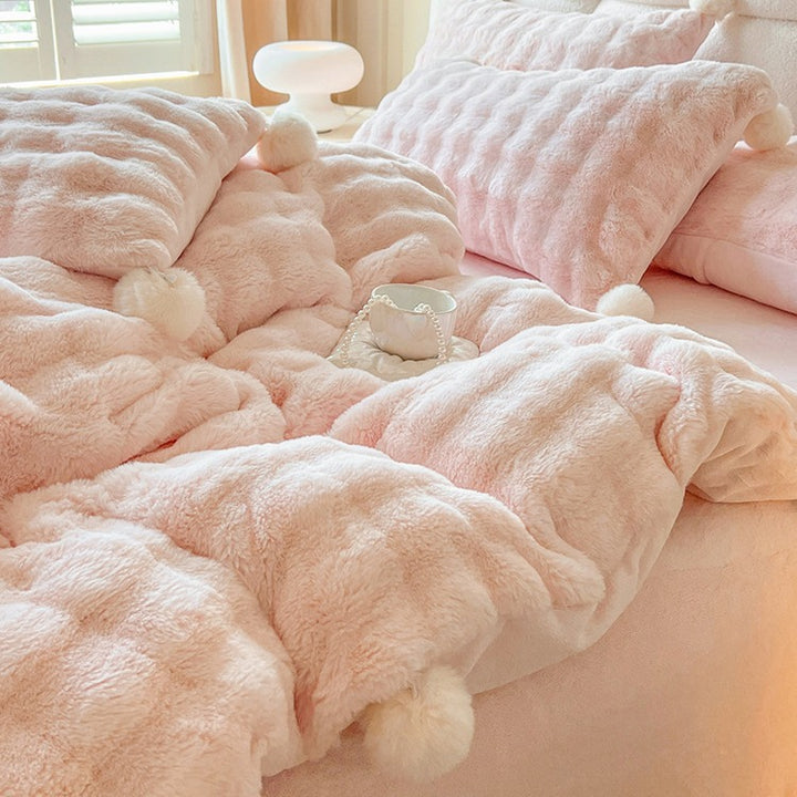Fluffy milk fiber fleece bedding set with pom-poms