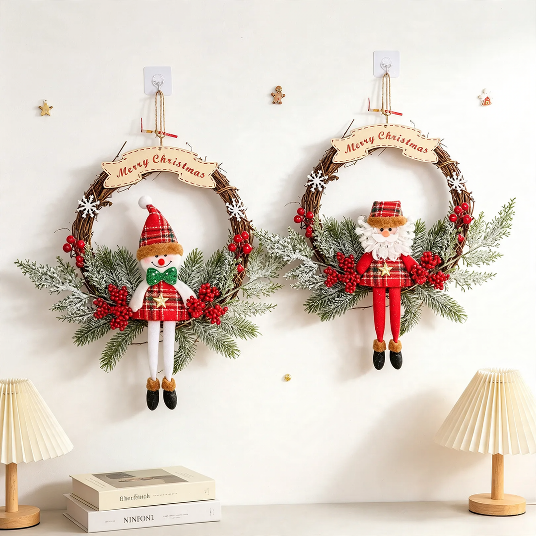 Handcrafted Christmas wreath made of rattan with pine cones