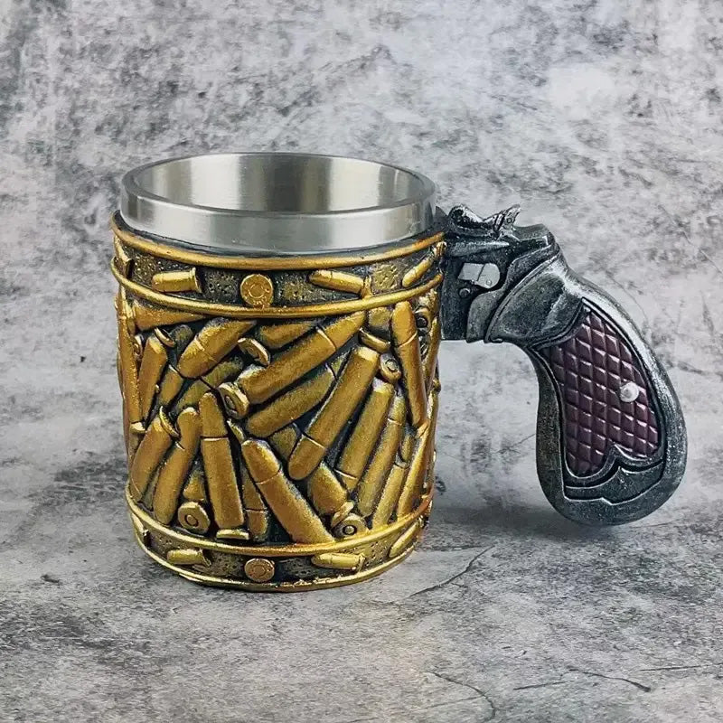 Revolver beer mug in stainless steel with unique bullet pattern | Stornfield