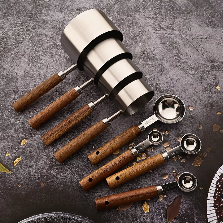 MeasureWood Measuring Spoons and Measuring Cups Set Stainless Steel Oak Wood 8-piece | Stornfield