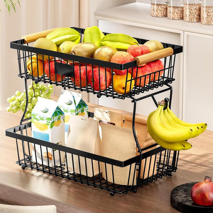 Stornfield | 2-Tier Metal Fruit & Vegetable Storage Rack with Hooks