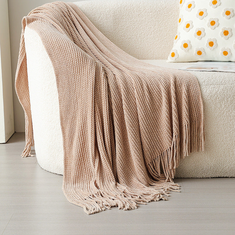 Knitted blanket with fringes, acrylic, 130x180cm