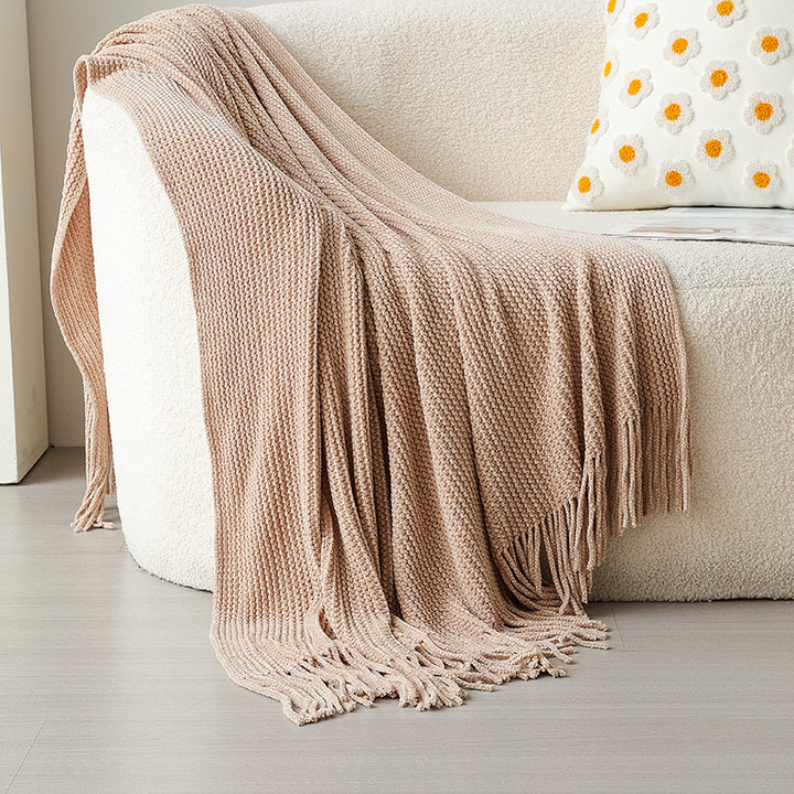 Knitted blanket with fringes, acrylic, 130x180cm